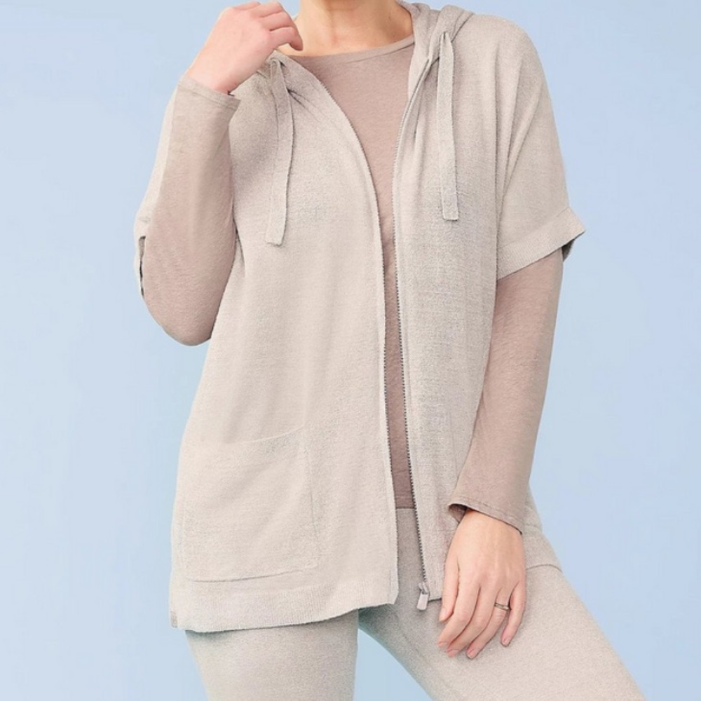 Barefoot Dreams CozyChic Ultra Lite Zip Up Hoodie Cardigan short sleeve S/M NWT